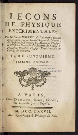 Leçons de physique expérimentale; Bd. 5: Tome cinquième