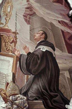 Der heilige Benediktinergelehrte Lanfrancus von Canterbury vor der Eucharistie