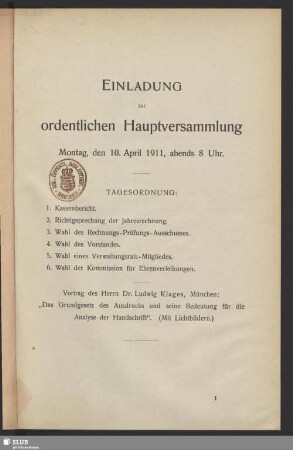 Einladung zur ordentlichen Hauptversammlung Montag, den 10. April 1911, abends 8 Uhr