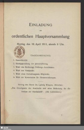Einladung zur ordentlichen Hauptversammlung Montag, den 10. April 1911, abends 8 Uhr