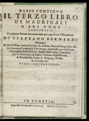 Steffano Bernardi: Il terzo libro de madrigali a sei voci concertati ... Basso continuo