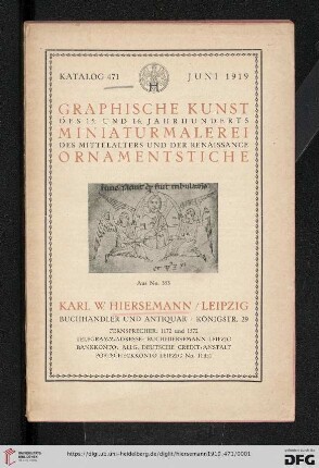 Nr. 471: Katalog: Graphische Kunst des 15. und 16. Jahrhunderts, Miniaturmalerei des Mittelalters und der Renaissance, Ornamentstiche