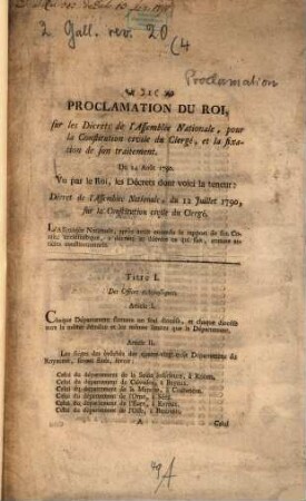 Proclamation du roi sur les décrets de l'Assemblée Nationale pour la constitution civile du clergé et la fixation de son traitement du 24. Août. 1790