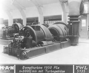 Dampfturbine: 1950 PS, mit Turbogebläse (MAN), 1917 : Technikgeschichte | Maschinenbau | Kraftmaschinen | Dampfturbinen