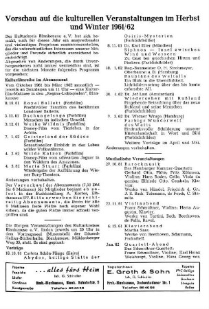 Vorschau auf die kulturellen Veranstaltungen im Herbst und Winter 1961/62
