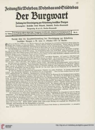 18: Bericht über die Hauptversammlung der Vereinigung zur Erhaltung deutscher Burgen e.V. vom 11. Oktober 1917 in Berlin