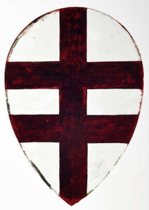 Glasmalerei mit tropfenförmiger Wappenscheibe Doppelkreuz