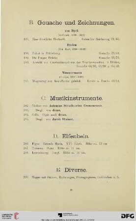 Gouache und Zeichnungen, Musikinstrumente, Elfenbein, Diverse (Nr. 197-209)