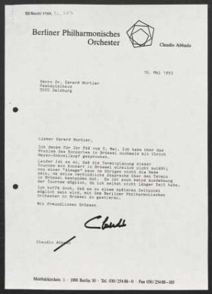 Brief an Gerard Mortier, 10.05.1993