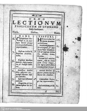 Ordo lectionum publicarum in gymnasio Sultzbachiano