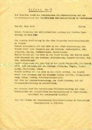 Maschinenschriftliche Abschrift des SMAD-Befehls Nr. 13 zur Aufteilung der Provinz Brandenburg in 4 Verwaltungsbezirke