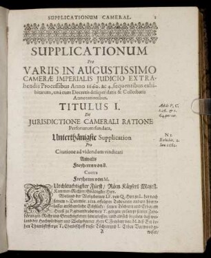 Titulus I. De Jurisdictione Camerali Ratione Personarum fundata.