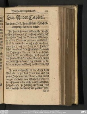 Das Ander Capitel. Von dem Oell/ so auß dem Wacholderholtz bereitet wird.