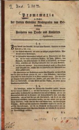 Promemoria in Sachen der Gebrüder Reichsgrafen von Belderbusch wider Freiherrn von Droste