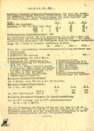 Liste Nr. 111 über ortsfeste Industrie-Dieselmotoren