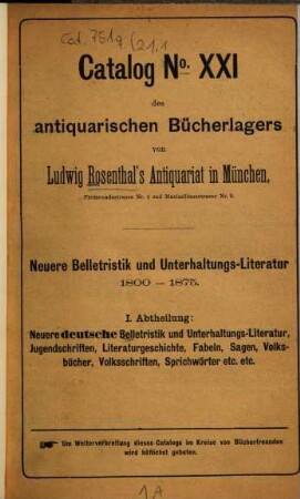Neuere Belletristik und Unterhaltungs-Literatur : 1800-1875