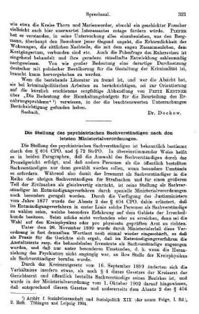 321-323, Die Stellung des psychiatrischen Sachverständigen nach den letzten Ministerialverordnungen