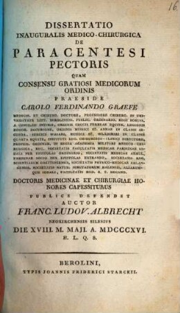 Diss. inaug. med. chir. de paracentesi pectoris