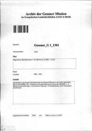 Allgemeiner Schriftwechsel 1.12.1964 bis 31.3.1965 (A-Z)