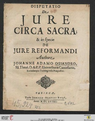 Disputatio De Jure Circa Sacra; & in specie De Jure Reformandi