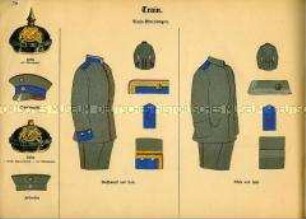 Uniformdarstellung, Schema der Helme, Waffenröcke, Hosen und Achselstücke von Gemeinen des Bayerischen Train, Deutsches Kaiserreich, 1916.