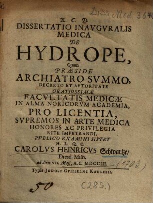 Dissertatio Inavgvralis Medica De Hydrope