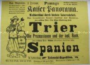 Veranstaltungsplakat mit Werbung zu Vorführungen über "Pilgerwanderung durch Trier und Wanderung durch Spanien" im Kaiserpanorama; Berlin, um 1900