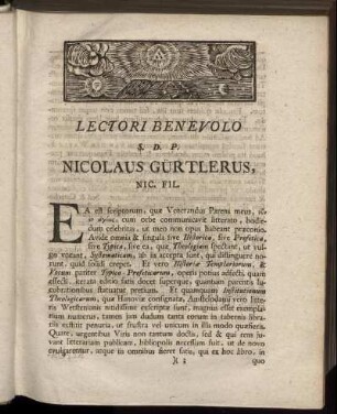 Lectori Benevolo S. D. P. Nicolaus Gürtlerus, Nic. Fil.