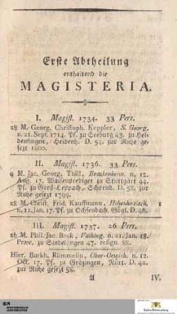 Erste Abtheilung enthaltend die Magisteria