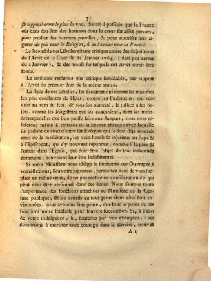 Arrest De La Cour De Parlement, Qui condamne trois Libelles ayant pour titre: le premier: Avis important adressé à Nosseigneurs les Cardinaux, &c. Le second: Lettre d'un Cosmopolite, &c. ... le troisième: Réflexions impartiales ... : Extrait Des Registres Du Parlement. Du 19 Mars 1765.