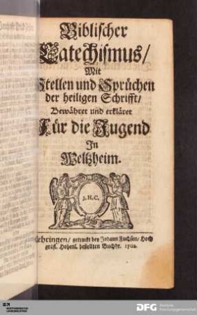 Biblischer Catechismus : Mit Stellen und Sprüchen der heiligen Schrifft bewähret und erkläret : Für die Jugend in Weltzheim