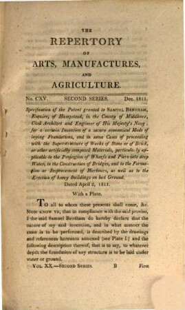 The repertory of arts, manufactures, and agriculture : consisting of original communications, specifications of patent inventions, practical and interesting papers, selected from the philosophical transactions and scientific journals of all nations. 20. 1811/12 = Nr. 115 - 120