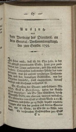 Auszug, aus dem Vortrage des Directors, an dem General- Versammlungstage, den 3ten Septbr. 1793.