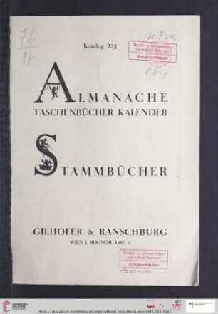 Nr. 223: Katalog: Almanache, Taschenbücher, Kalender, Stammbücher