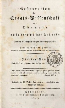 Restauration der Staats-Wissenschaft oder Theorie des natürlich-geselligen Zustands der Chimäre des künstlich-bürgerlichen entgegengesezt, 5. Band. Makrobiotik der geistlichen Herrschaften oder Priester-Staaten