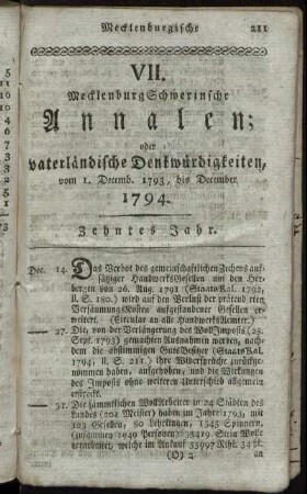 VII. MecklenburgSchwerinsche Annalen; vaterländische Denkwürdigkeiten, vom 1. Decemb. 1793, bis December 1794