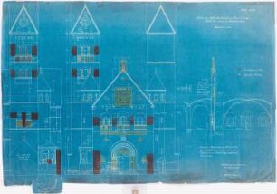 Dekanatskirche, Clerf (Clervaux): Detail der Vorderansicht und der Turmansicht 1:50