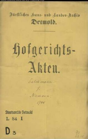 Dalckmann, Bernd Töns gegen Niemann zu Währentrup - Schuldforderung