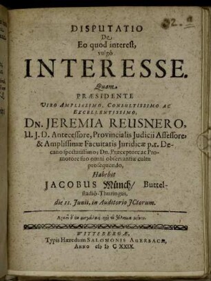 Disputatio De Eo quod interest, vulgo Interesse