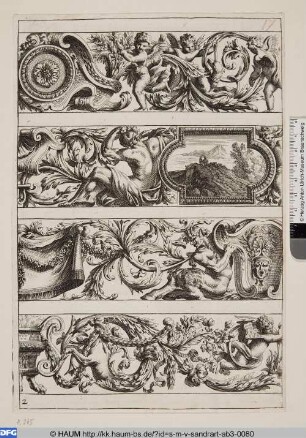 Ornamentbeispiele in vier Reihen mit Landschaft und Satyr