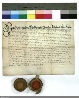 Lehenbrief Bernhard Gustavs Markgraf von Baden[-Durlach], Abt von Fulda, für Johann Hubert Gerlach über ein Haus in Fulda