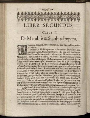 Caput I. [ - ] Caput V.; De Membris & Statibus Imperii; De Juribus Statuum Imperii; De Jurisdictione Ecclesiastica; De Jure Patronatus; De Jure condendi LL.&Statuta.