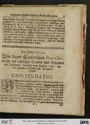 Der Andere Discurs: Von denen Kayserlichen Processen, welche auf bittliches Suchen und Anhalten der Partheyen / sowohln vom Kayserl. Hofe / als dem Cammer = Gericht aus / zu ergehen pflegen