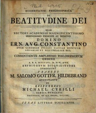 Dissertatio philosophica de beatitudine Dei