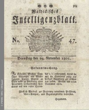 No. 47, Dienstag den 24. November 1801