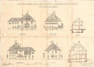 Fischer, Theodor; München - Pasing; II. Villen-Colonie: Wohnhausneubau Arthur Riemerschmid - Ost, - West, - Nord - u. Südseite (Ansichten, Schnitte)