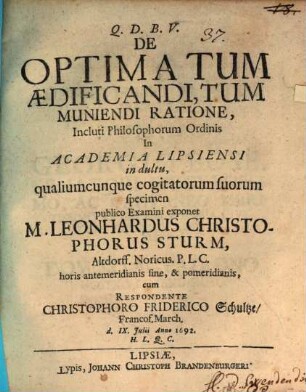 De optima tum aedificandi tum muniendi ratione
