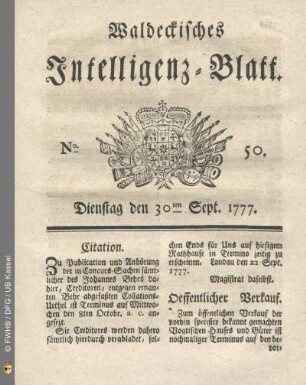 No. 50. Dienstag den 30ten Sept. 1777