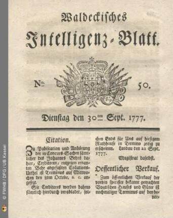 No. 50. Dienstag den 30ten Sept. 1777