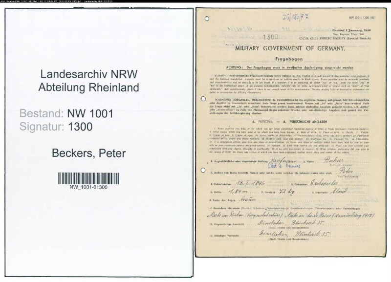 Entnazifizierung Peter Beckers, geb. 12.01.1896 (Kaufmann)